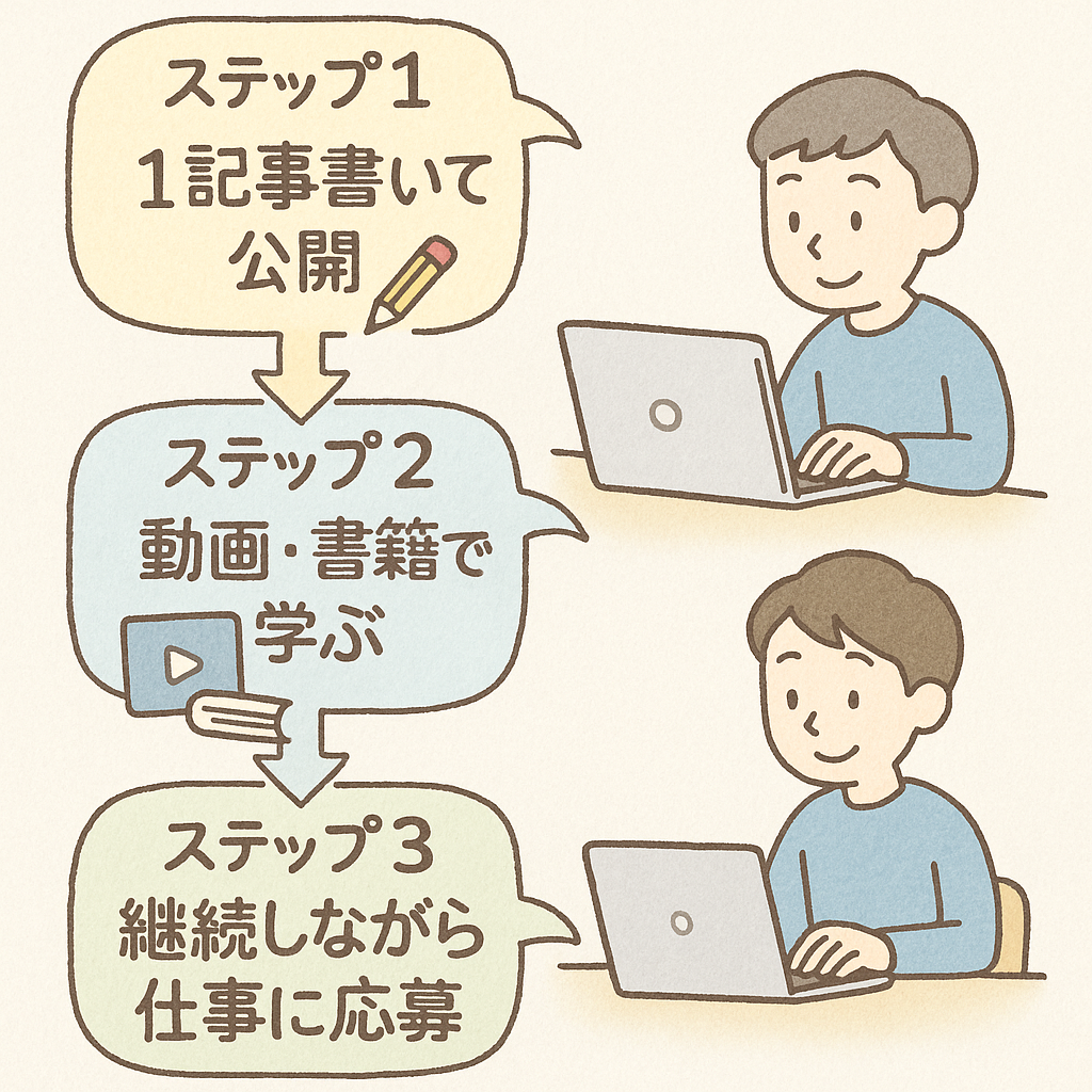 🖼 図解:Webライター副業の3ステップ
「書く → 学ぶ → 応募する」この順番で進めれば、初心者でも着実に前に進めます。
特に最初の「公開する」が行動のスイッチになります。